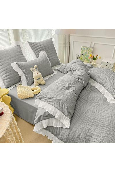 trendyhome Bed Linen, Crepe Cotton, Ruffles, Finet Soft, 6 Pieces, Gray, J10420