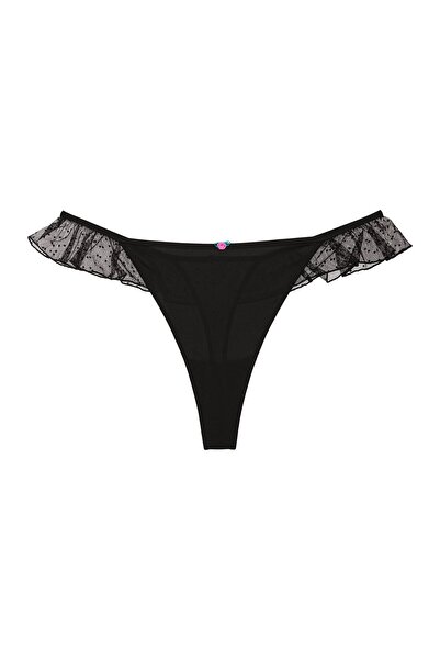 Bloovii Chiloți tanga pentru femei, din plasă, cu volane laterale și trandafir | Verberry