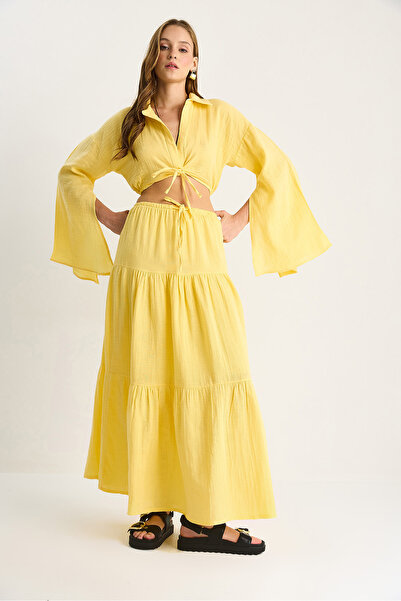 Bianco Lucci Women's Tie Detail Slit Wide Sleeve Blouse Lined Long Skirt Set Dt251007 60283497