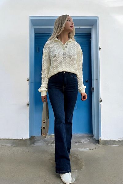 byhaziran butik Purse Dark Blue Colorfast Lycra High Waist Spanish Leg Jeans