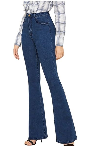 byhaziran butik Osytra Women's High Waist Dark Blue Flare Jeans