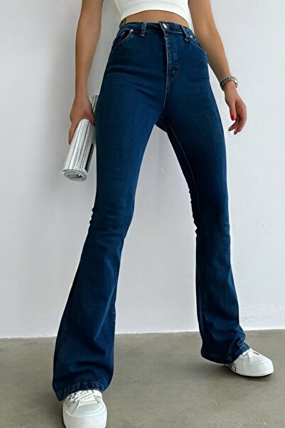 byhaziran butik W.Q Жіночі темно-сині джинси з високою талією та широкими штанинами