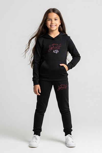 FYK KİDS Hello Printed Girl's Tracksuit with Hooded Kangaroo Pocket