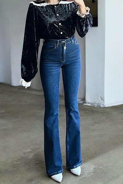byhaziran butik Pinr Dark Blue High Waist Flare Jeans