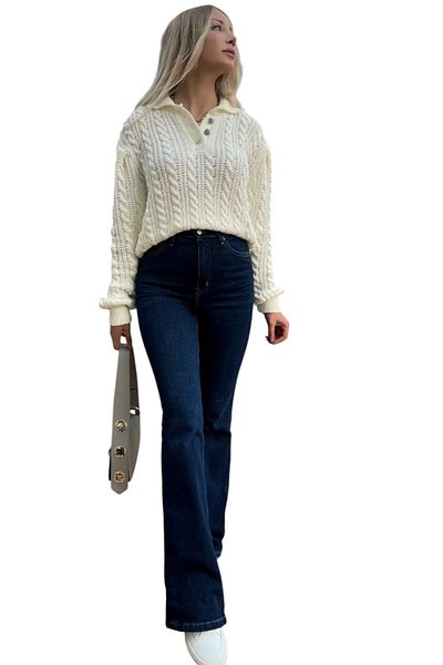 byhaziran butik Genma Dark Blue Fadeless Lycra High Waist Spanish Leg Jeans