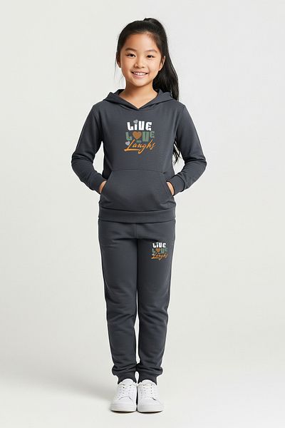 FYK KİDS Live Printed Girl's Tracksuit Set with Hooded Kangaroo Pocket
