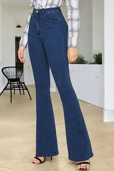 byhaziran butik Claris Women's Dark Blue Lycra High Waist Spanish Leg Jeans