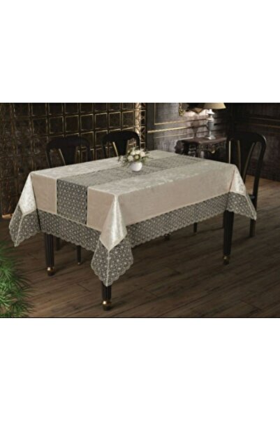 Adige Zade Kahverengi Kadife Masa Örtüsü 160x350 – Altın Güpürlü, Leke Tutmaz...