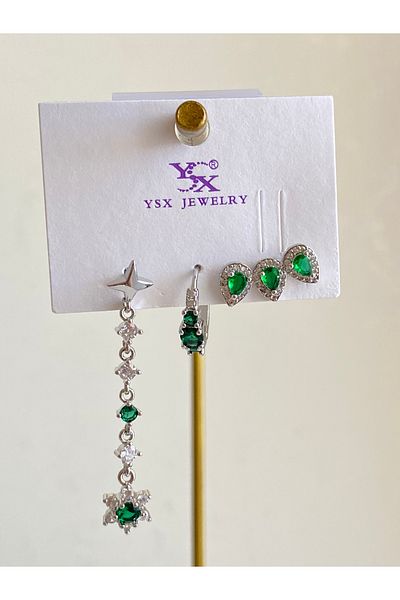 Çelik Emerald Green 3-Piece Dangle Earrings Set
