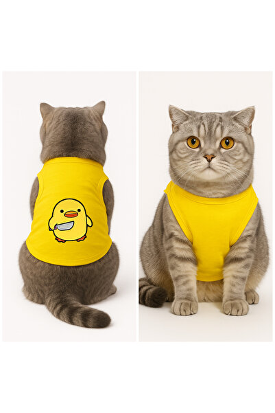Buddy Store Kedi Kıyafeti Elbiseleri Atlet - Belalı Civciv Baskılı Sarı Atlet - XL Beden