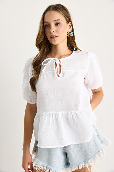 Bianco Lucci Women's Collar Tie-Up Muslin Blouse with Elastic Sleeves 4715 60283498