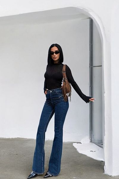 byhaziran butik Mila Dark Blue Non-Fading Lycra High Waist Denim Spanish Leg Jeans