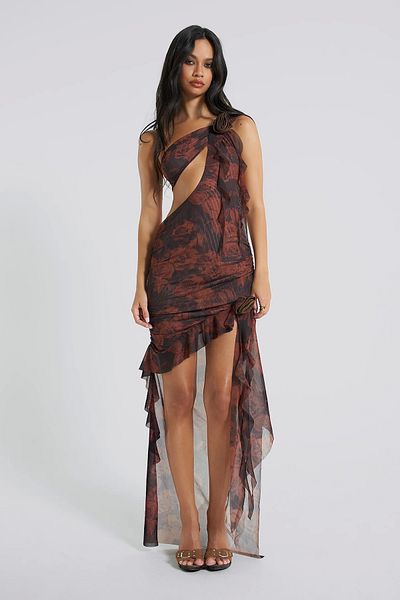 VibeGaia One Shoulder Rose Forest Patterned Draped Maxi Dress