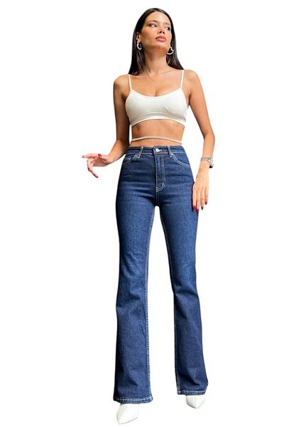 byhaziran butik Cuky Women's Dark Blue High Waist Stretchy Denim Fabric Flare Jeans