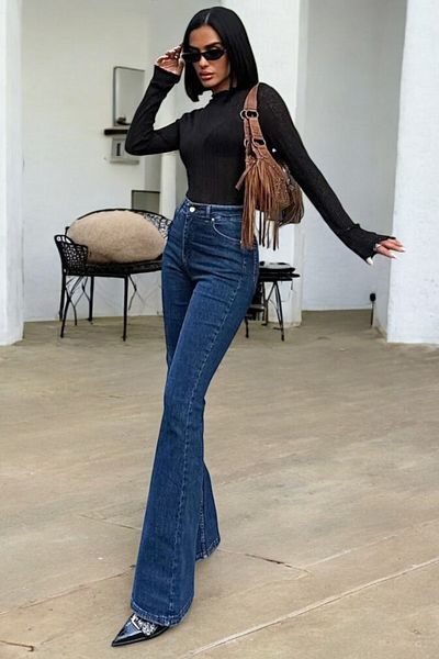 byhaziran butik Bion Women's High Waist Dark Blue Flare Jeans