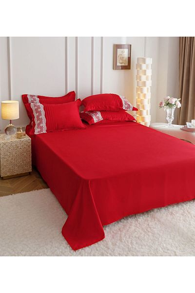 trendyhome Embroidered Pleated Bedding, Double Bed, Soft Touch Fine Cotton, UNI, Red, J11169