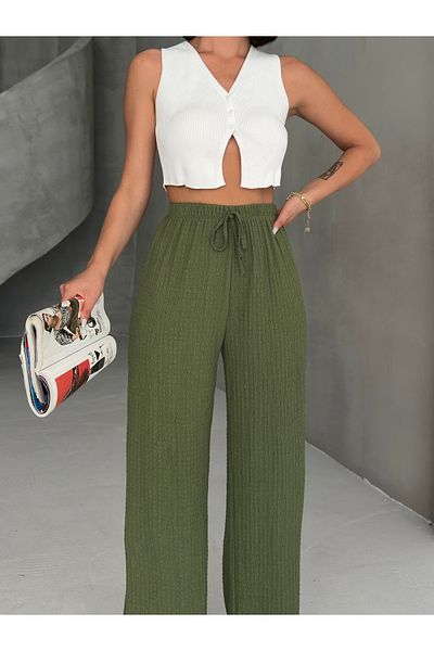 alenmoda Women's Seersucker Fabric Pocket Pants