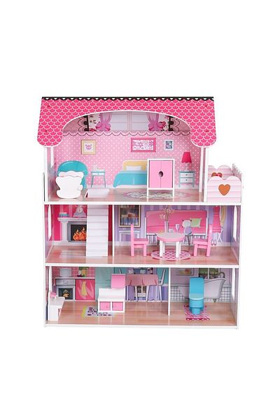 PROCART Fully furnished dollhouse, MDF, 3 levels, 5 rooms, 8 accessories, 62x27x70 cm