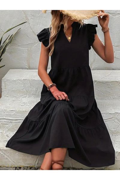 MODAVERA Women's Short Sleeve V-Neck Wide Cut Long Tricotone Dress