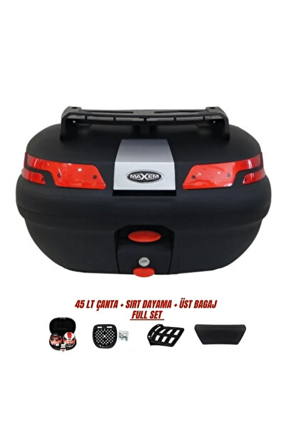 Maxem Motosiklet Arka Çanta 45 Litre Sırt Dayama ve Üst Tabla Full Set Siyah