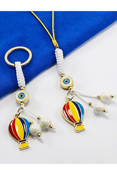 biuti White Colored Framed Evil Eye Beaded Colorful Flying Balloon Keychain, ...