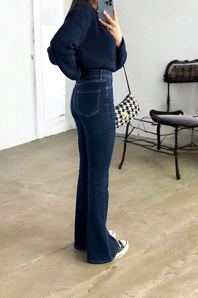 byhaziran butik Helyanna Dark Blue Colorfast Lycra High Waist Spanish Leg Jeans