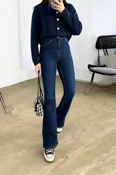 byhaziran butik Helyanna Dark Blue Colorfast Lycra High Waist Spanish Leg Jeans