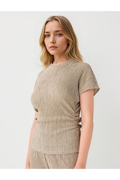 Jimmy Key Beige Slim Fit Crew Neck Off Shoulder Knitted Blouse