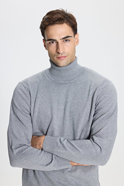 AC&Co / Altınyıldız Classics Erkek Gri Melanj Standart Fit Normal Kesim Tam Balıkçı Yaka Triko Kazak