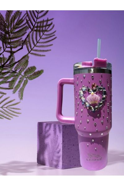 Elista 1.2 Liter Steel Thermos with Straw and Handle, Colorful Stone Embroidered Lilac