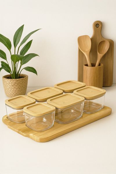 Kitchen Life Bamboo Vacuum Covered Glass Breakfast Set - 13 Piece Breakfast Set with Presentation Tray