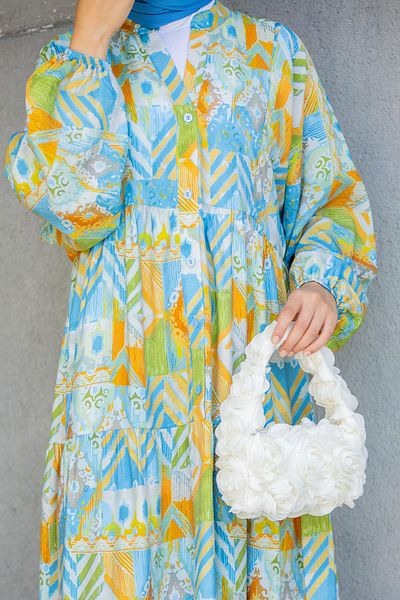 Tesettür Çarşım Ethnic Pattern Half Patch Summer Dress-Blue