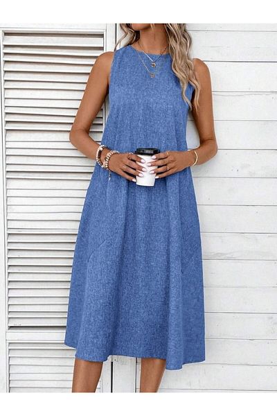 Masspera Rochie Midi din In cu buzunare Crew Neck