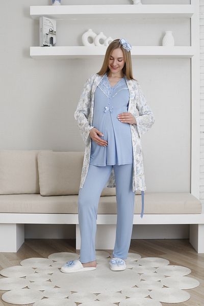 Lohussa Set de pijamale pentru femei, albastru, cu model special, cu nasturi, cu volan, pentru maternitate, pentru maternitate, set de 3 piese
