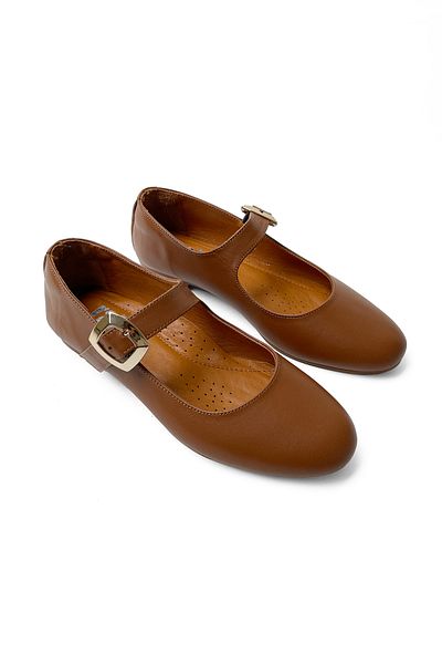 RABU Tan Women's Genuine Leather Mary Jane Ballerinas