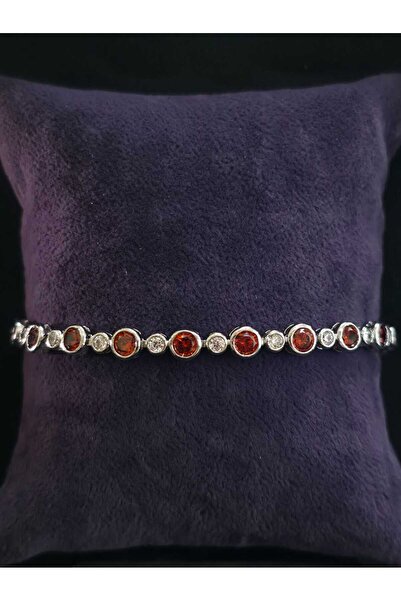 sarıyer silver سوار من الفولاذ بحجر الزركون باللون الأحمر على شكل دائرة مستدي...