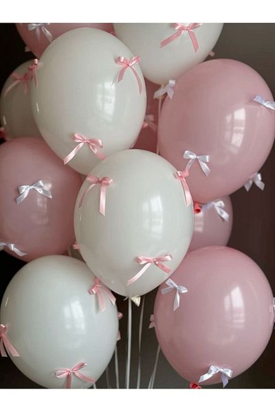 eğlencemarketi Ribbon Balloon - Pink and White Ribbon Balloon 30 Pieces Ribbon 10 Pieces Balloon