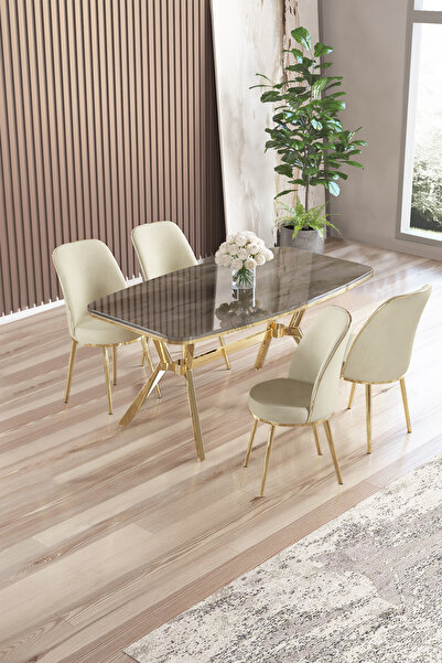 Canisa Lena Serisi 90x160 Lak Panel Antrasit İroni Gold Kaplama Ayaklı Masa T...