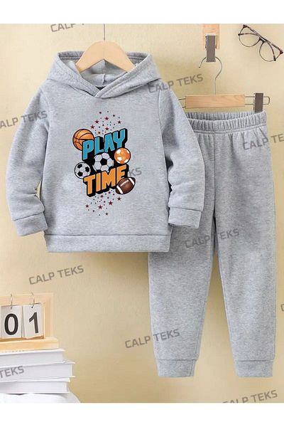 CALP TEKS Play Time Written Printed Thick Cotton Hooded Winter Tracksuit Set