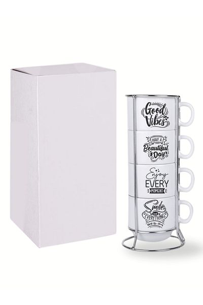 Deep Craft Deepcraft 4-Piece Cup Set with Stand Non-Removable Printed Good Vibes Motto Patterned 4-Piece Cup Set 190 ml