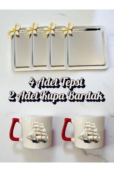 lili hediyelik 4-Piece Daisy Tray Coffee Presentation Tray 21X21 cm - 2-Piece Ship Coffee Cup Mug Cup