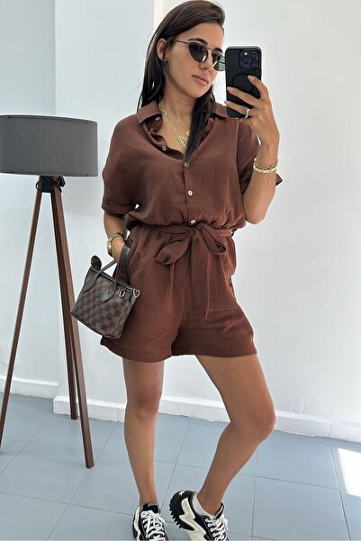 bunubanayolla Beli Lastikli Önü Düğmeli Kısa Tulum