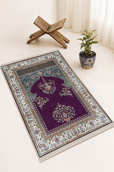 Realhomes Mor Zeminli Klasik Çiçek Ve Avize Desenli Dijital Baskılı Kaymaz Ta...