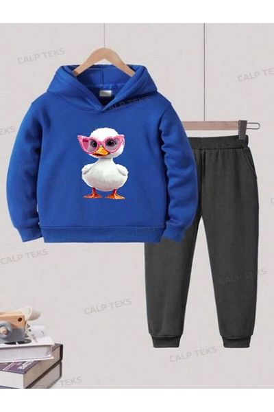 CALP TEKS Glasses Duck Printed Thick Cotton Hooded Winter Tracksuit Set