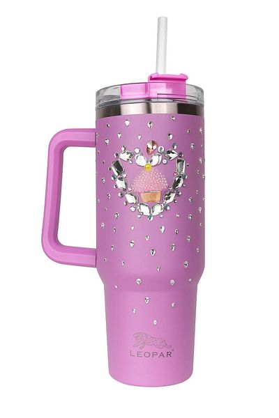 Elista 1.2 Liter Steel Thermos with Straw and Handle, Colorful Stone Embroidered Lilac