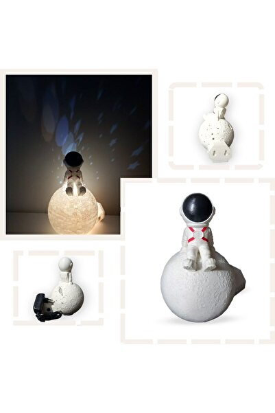 K.O.D 3D Çizim ve Tasarım Atölyesi Beyaz Astronot Duvar/Masa Üstü Gezegen ve Yıldız Yansımalı LED Işıklı Gece Lambası