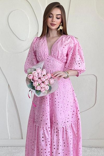 Elbee Fashion Woman Balloon Sleeve Detailed Low-Cut Brode Dress
