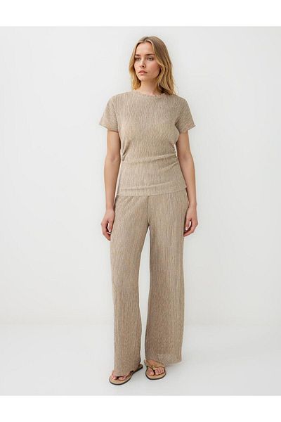 Jimmy Key Beige Slim Fit Crew Neck Off Shoulder Knitted Blouse
