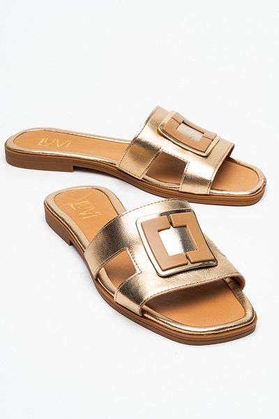 LuviShoes Γυναικείες παντόφλες MİLLİE Gold αγκράφα από γνήσιο δέρμα