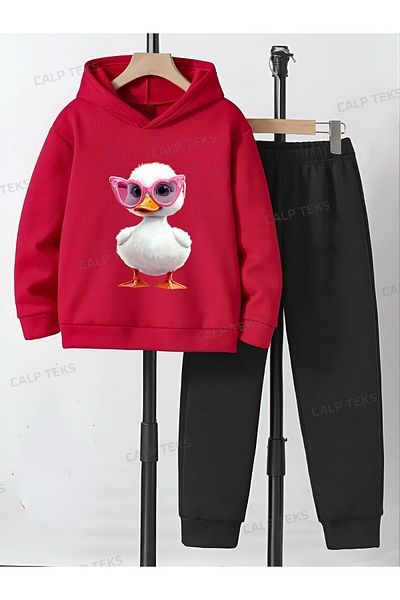CALP TEKS Glasses Duck Printed Thick Cotton Hooded Winter Tracksuit Set